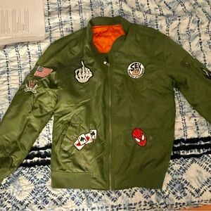 Green Bomber Jacket with Hand Sewn Patches